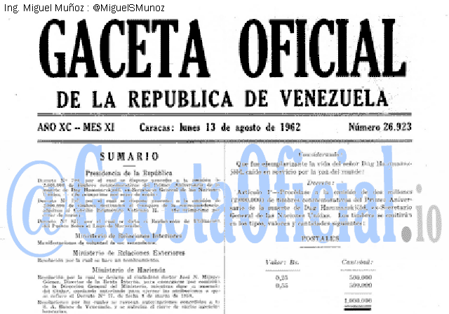 Gaceta Oficial 26923 del 13 Agosto 1962