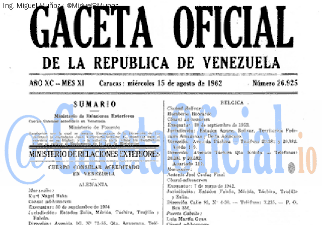 Gaceta Oficial 26925 del 15 Agosto 1962