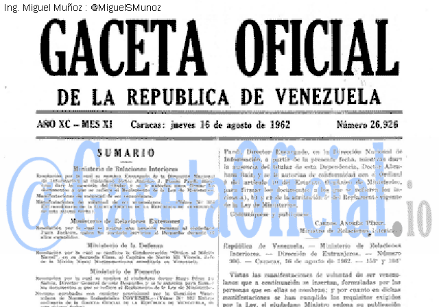Gaceta Oficial 26926 del 16 Agosto 1962