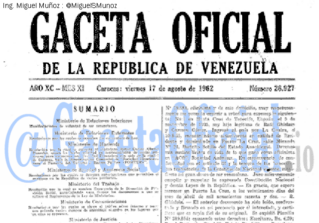 Gaceta Oficial 26927 del 17 Agosto 1962