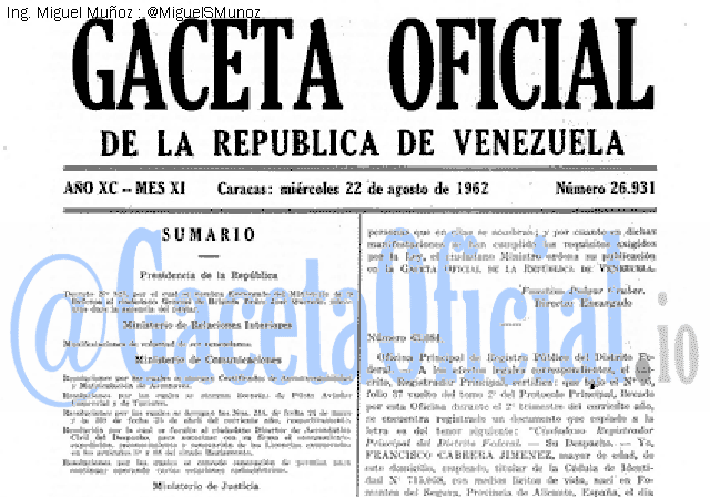 Gaceta Oficial 26931 del 22 Agosto 1962