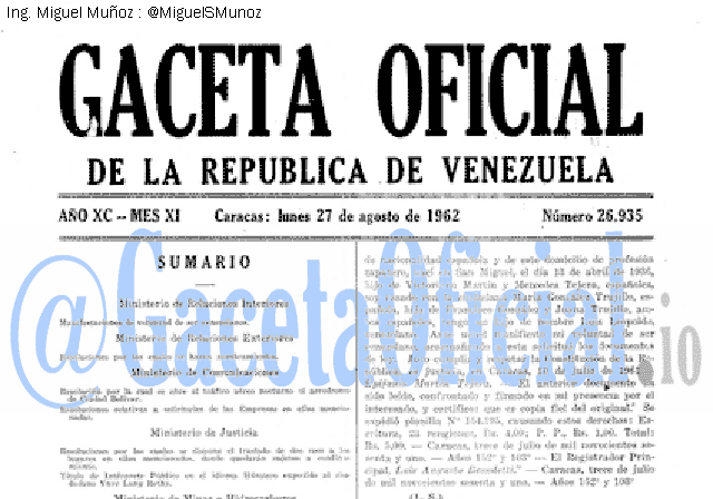 Gaceta Oficial 26935 del 27 Agosto 1962