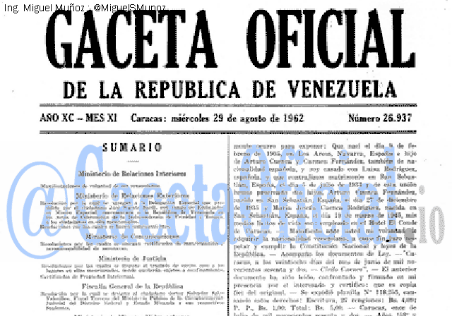 Gaceta Oficial 26937 del 29 Agosto 1962