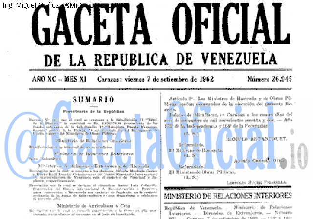 Gaceta Oficial 26945 del 7 Septiembre 1962