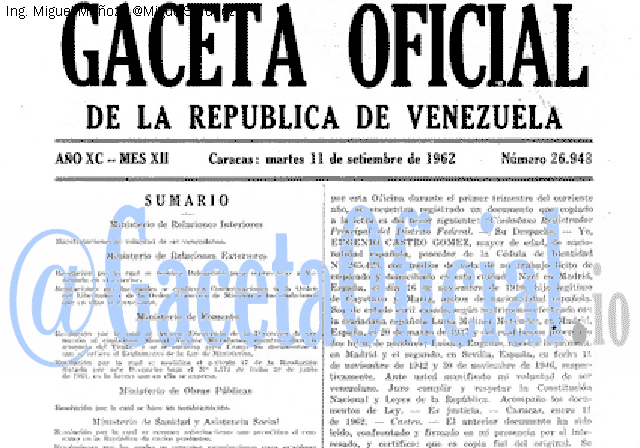Gaceta Oficial 26948 del 11 Septiembre 1962