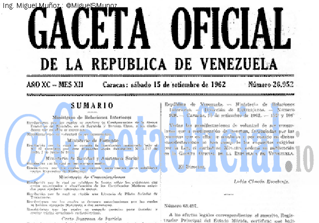 Gaceta Oficial 26952 del 15 Septiembre 1962