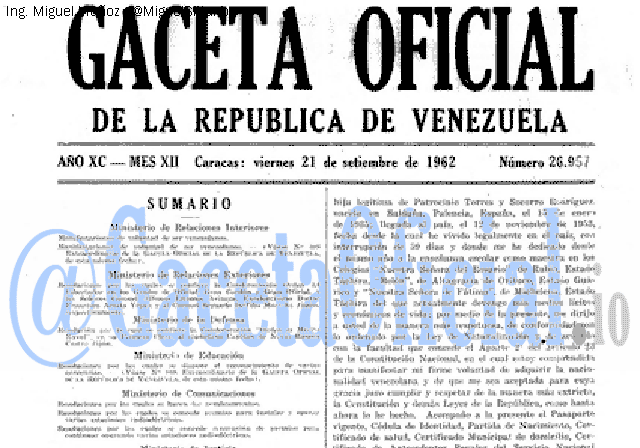 Gaceta Oficial 26957 del 21 Septiembre 1962