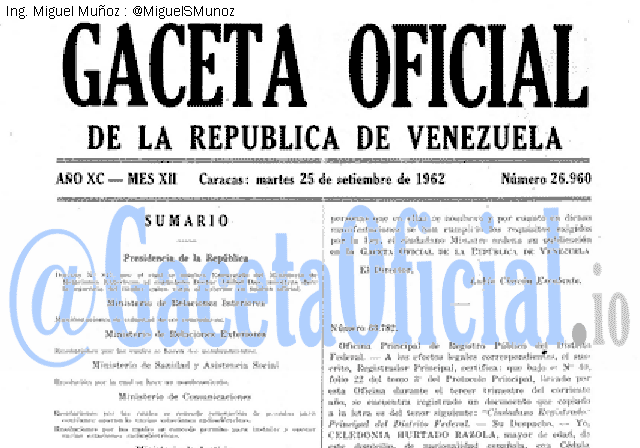 Gaceta Oficial 26960 del 25 Septiembre 1962