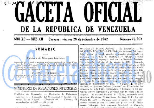 Gaceta Oficial 26963 del 28 Septiembre 1962