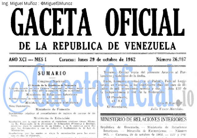 Gaceta Oficial 26987 del 29 Octubre 1962