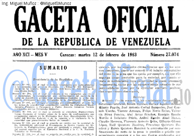 Gaceta Oficial 27074 del 12 Febrero 1963