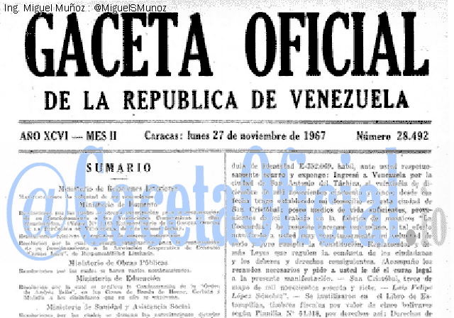 Gaceta Oficial 28492 del 27 Noviembre 1967