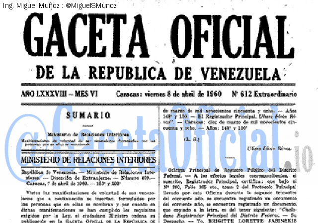 Gaceta Oficial 612 del 8 Abril 1960