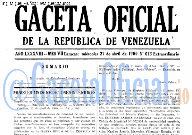 Gaceta Oficial 613 del 27 Abril 1960