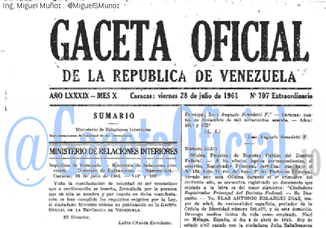 Gaceta Oficial 707 del 28 Julio 1961