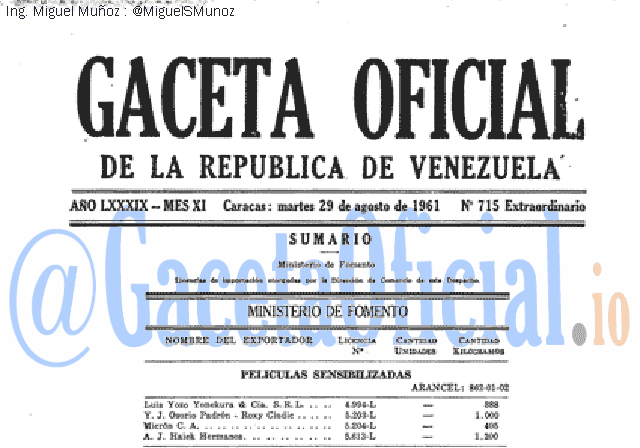 Gaceta Oficial 715 del 29 Agosto 1961
