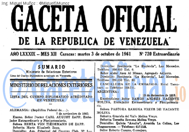 Gaceta Oficial 720 del 3 Octubre 1961