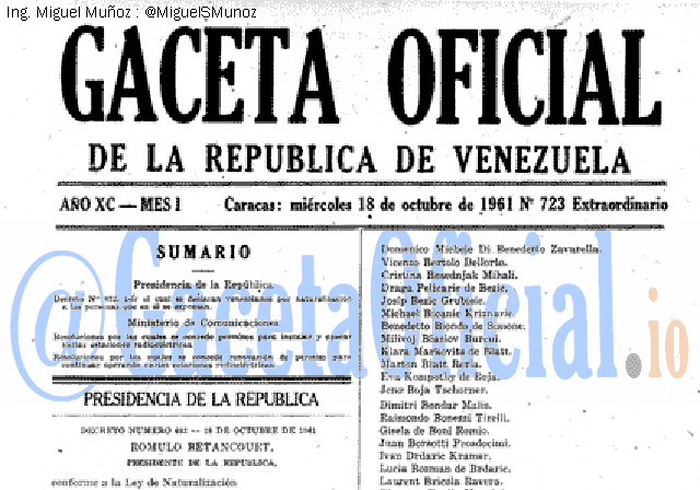 Gaceta Oficial 723 del 18 Octubre 1961