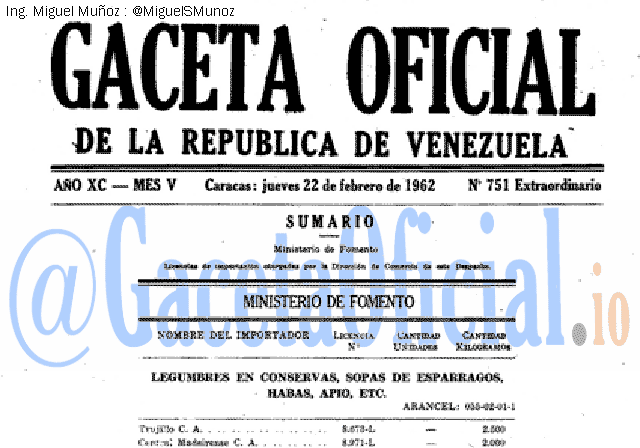 Gaceta Oficial 751 del 22 Febrero 1962