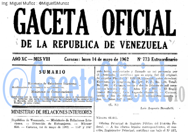 Gaceta Oficial 773 del 14 Mayo 1962