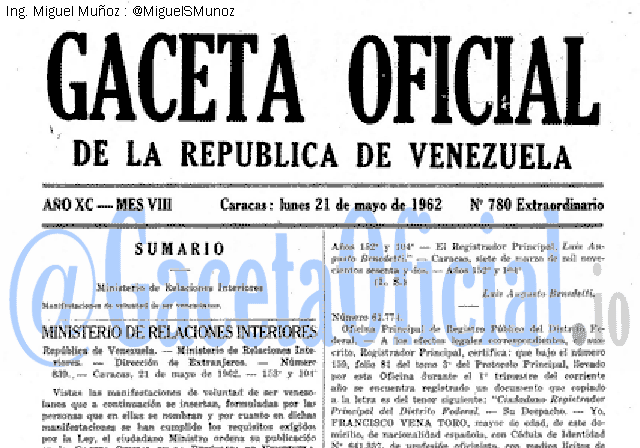 Gaceta Oficial 780 del 21 Mayo 1962