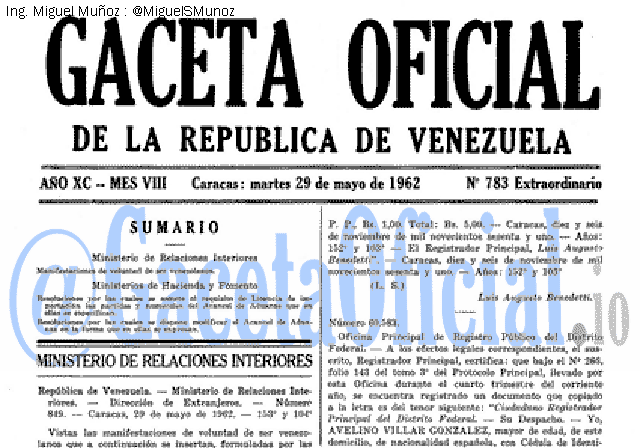 Gaceta Oficial 783 del 29 Mayo 1962
