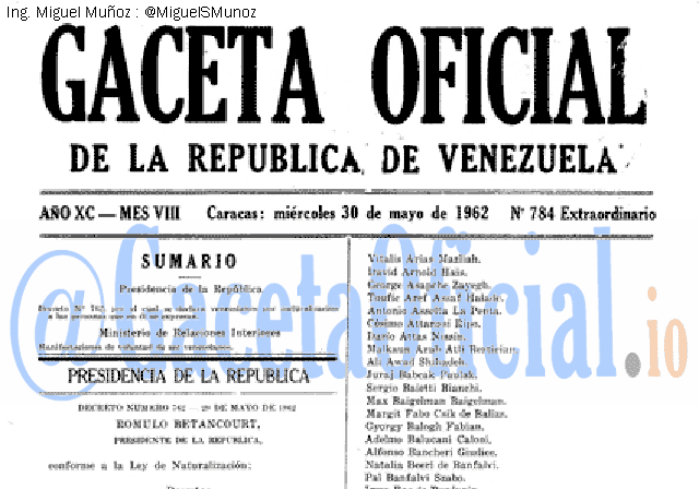 Gaceta Oficial 784 del 30 Mayo 1962