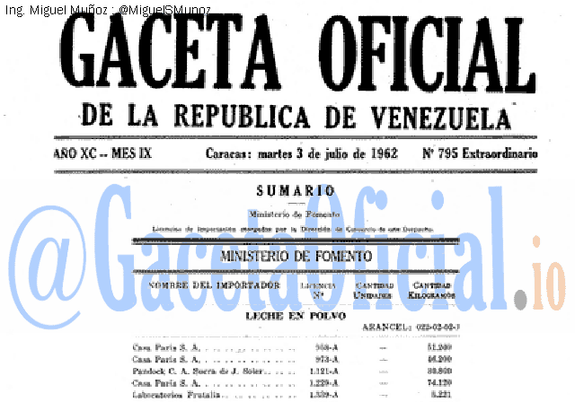 Gaceta Oficial 795 del 3 Julio 1962