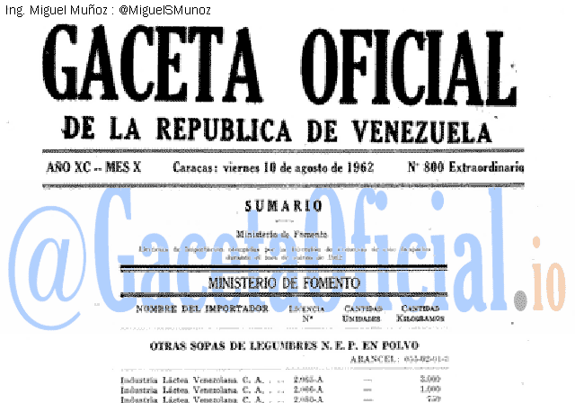 Gaceta Oficial 800 del 10 Agosto 1962