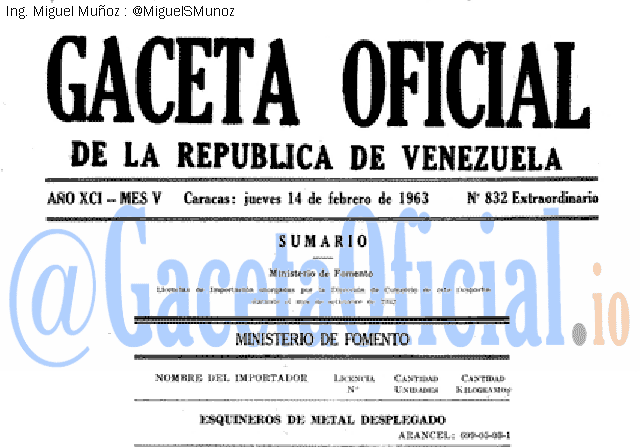 Gaceta Oficial 832 del 14 Febrero 1963
