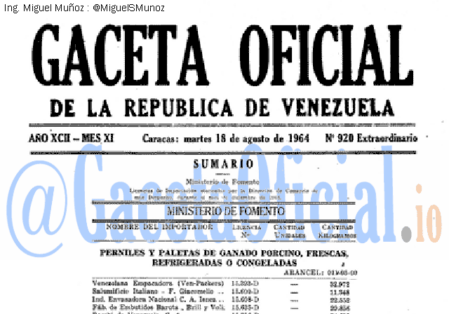 Gaceta Oficial 920 del 18 Agosto 1964