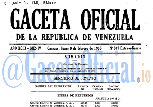 Gaceta Oficial 949 del 8 Febrero 1965