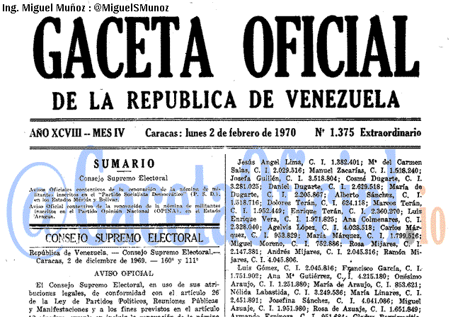 Gaceta Oficial 1375 del 2 Febrero 1970