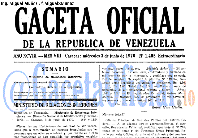 Gaceta Oficial 1405 del 3 Junio 1970