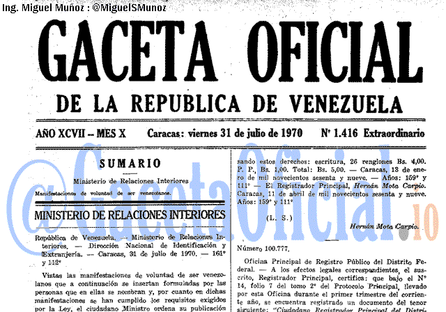 Gaceta Oficial 1416 del 31 Julio 1970