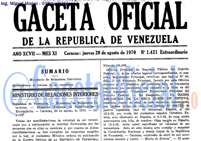 Gaceta Oficial 1421 del 20 Agosto 1970