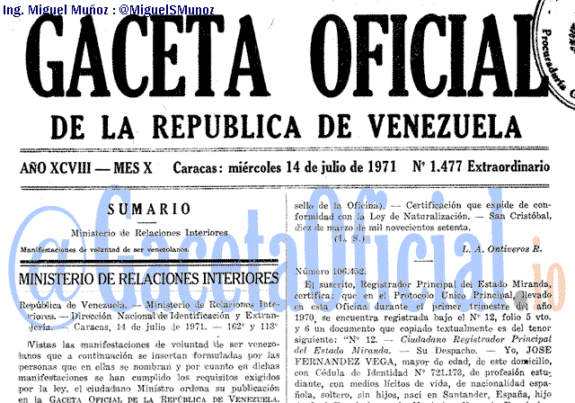 Gaceta Oficial 1477 del 14 Julio 1971