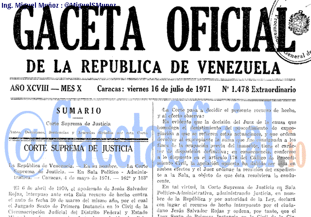Gaceta Oficial 1478 del 16 Julio 1971