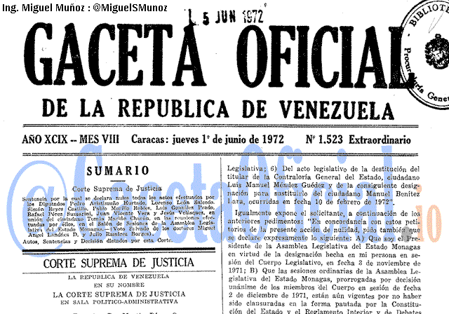 Gaceta Oficial 1523 del 1 Junio 1972