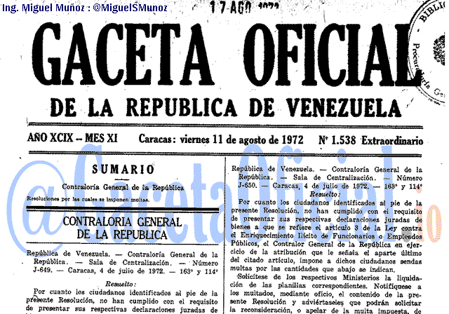 Gaceta Oficial 1538 del 11 Agosto 1972