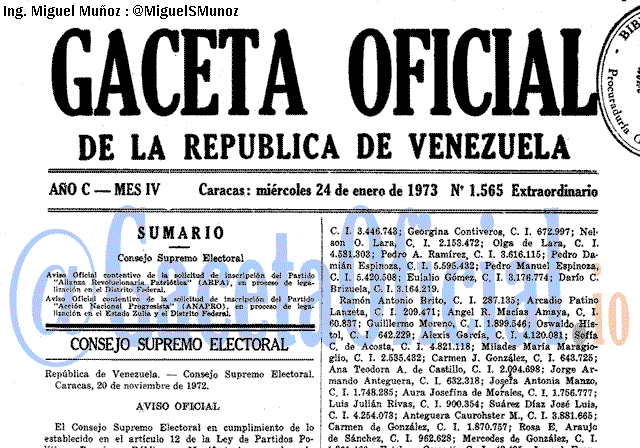 Gaceta Oficial 1565 del 24 Enero 1973