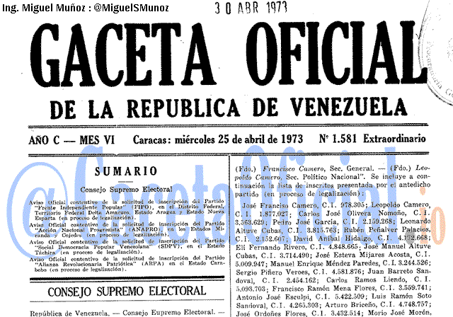 Gaceta Oficial 1581 del 25 Abril 1973