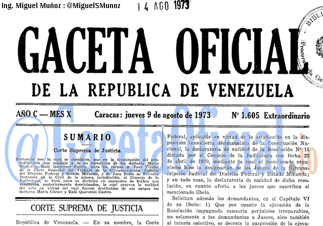 Gaceta Oficial 1605 del 9 Agosto 1973
