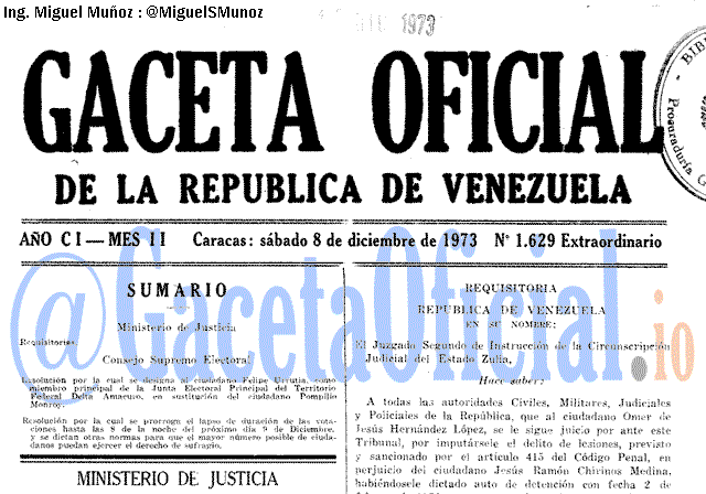 Gaceta Oficial 1629 del 8 Diciembre 1973