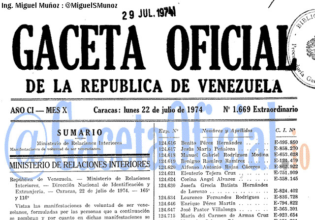 Gaceta Oficial 1669 del 22 Julio 1974