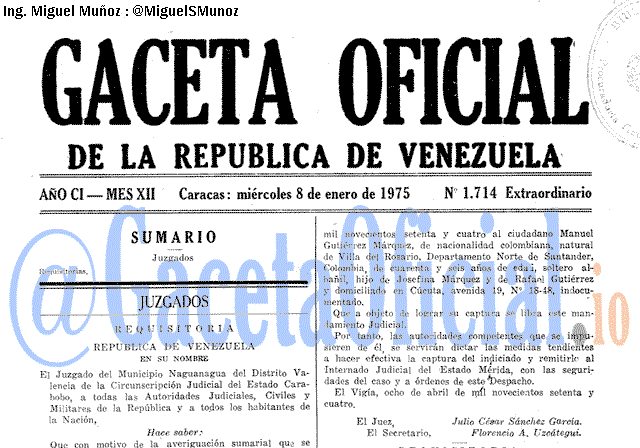 Gaceta Oficial 1714 del 8 Enero 1975