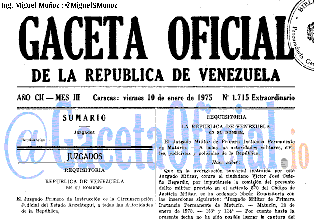 Gaceta Oficial 1715 del 10 Enero 1975