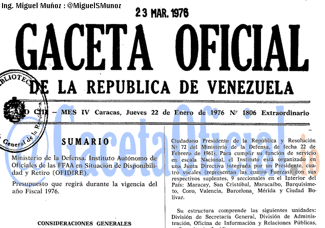 Gaceta Oficial 1806 del 22 Enero 1976