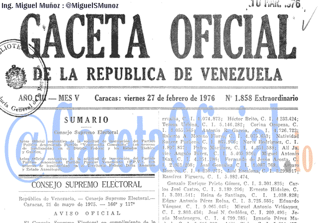 Gaceta Oficial 1858 del 27 Febrero 1976