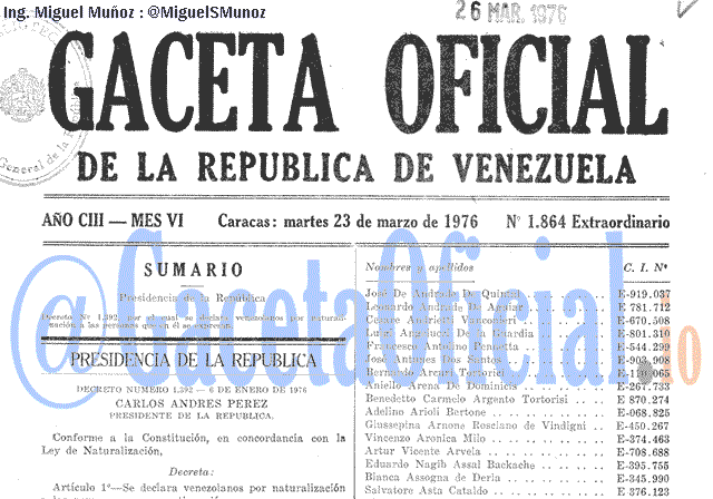 Gaceta Oficial 1864 del 23 Marzo 1976